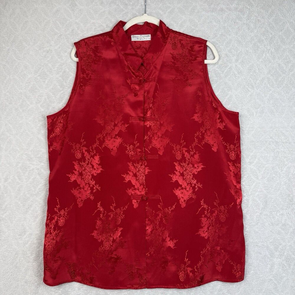 Vtg Erika Taylor Cheongsam Sleep Shirt Women Large Red Satin Mandarin Collar 90s